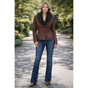 Vintage Y2K Guess Womens Brown Leather Fitted Faux Fur Collar Jacket Size S